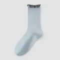 Light blue ribbed crew socks with dark grey lace ruffle trim, sweet style daily wear. - One Size / Blue