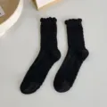Women black ruffled mid tube socks cute Japanese style cable knit long cotton socks spring - One Size / Black