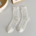 White ruffle cable knit mid tube socks cute Japanese style cotton socks variant for daily wear. - One Size / White