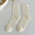 Women white ruffled mid tube socks, sweet Japanese style knitted cotton casual daily wear. - One Size / Milk White