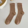 Brown knit tube socks with ruffled cuffs, sweet vintage style cotton socks variant. - One Size / Light Coffee