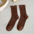 Brown cable knit ruffle mid-calf socks for women, cute Japanese style solid color cotton socks. - One Size / Dark Coffee