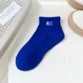 Women blue cotton ankle socks with white letter embroidery stylish casual short daily wear sport - One Size / Klein Blue