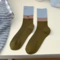 Dames halverwege kuit colorblock gekamd katoenen sokken, lieve stijl casual schattige gebreide sokken. - Eén maat / Blauw Gestreepte Manchet