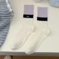 Women color block mid calf socks sweet style combed cotton casual cute socks for daily wear - One Size / Purple Cuff