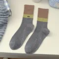 Kleurblok halfhoge sokken voor dames, zoete stijl gekamd katoen dagelijkse kleding. - Eén maat / Khaki Boord