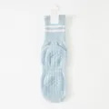 Light blue mid-calf yoga socks with non-slip grip dots and striped cuffs for fitness and pilates. - Light Blue