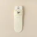 Cream white cotton mid-calf socks with sweet bow embroidery, vintage ribbed knit design for women. - Yellow