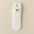 Women white stacked mid tube socks sweet ballet style embroidered black bow cute cotton socks - White
