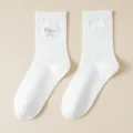 White sweet crew socks with silver bow embroidery, cute ruffled top edge and soft fabric. - One Size / White