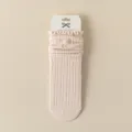 Pink ribbed ruffle socks with sweet bow embroidery, comfortable cotton long socks daily. - Light Pink