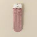 Women sweet ballet style ruffled crew socks with cute bow embroidery and ribbed knit texture. - Deep Pink