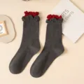 Dark grey mid-calf socks with red ruffled cuffs, Japanese JK style casual cotton hosiery for women. - One Size / Dark Grey and Red Ribbed Cuffs