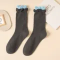 Grey ruffled mid-calf socks, Japanese ballet style cotton slouchy socks for women. - One Size / Dark Grey and Blue Ribbed Cuffs