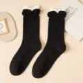 Black mid-calf socks with white layered ruffles, Japanese JK sweet ballet style cotton socks. - One Size / Black and White Ribbed
