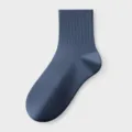 Solid color men's ribbed crew socks, breathable cotton daily athletic casual socks - One Size / Navy Blue