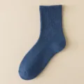 Men dark blue thick warm winter cotton loop socks mid tube cozy casual daily homewear - One Size 37-44 / Navy Blue