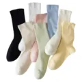 Women summer thin pure cotton mid-tube socks breathable mesh colorful casual socks daily wear - White + Cream + Goose Yellow + Pale Pink