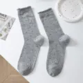 Grey polka dot ribbed crew socks with ruffled cuffs, soft cotton variant for women. - One Size / Light Gray