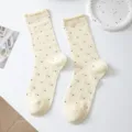 Cream polka dot ruffled crew socks for women, cute cotton ribbed vintage style hosiery. - One Size / Yellow