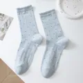 Light blue vertical striped ruffle socks for women, cute dot pattern breathable cotton socks. - One Size / Blue