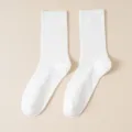 Plain white women's mid-calf cotton socks, comfortable daily casual ribbed knit hosiery. - One Size / White