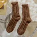 Cozy brown fuzzy winter socks for women, thick warm ribbed crew socks for daily home wear. - Coffee