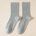 Grey ribbed mid-tube cotton socks for women, soft solid color casual daily wear style. - One Size / Light Gray