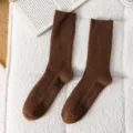 Brown ribbed knit wool winter mid-tube socks warm cozy casual cozy daily wear socks - One Size, Fits Sizes 35-42 / Dark Coffee
