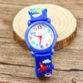 Children cute cartoon quartz watch with blue airplane strap and colorful dial numbers. - Airplane / Dark Blue