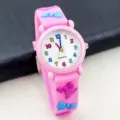 Kinder rosa Silikon Quarzuhr mit bunten Zahlen und süßem 3D Schleifen Dekor, hübsch. - Rosa Armband & rosa Gehäuse