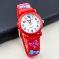 Rote Silikon Quarzuhr für Mädchen mit süßen bunten 3D Schleifen und klarem Zifferblatt. - Rotes Armband & rotes Gehäuse