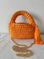 Handmade orange crochet crossbody bag with chunky handle, gold chain strap and stylish tassel detail. - 19*21*12 / Bright Orange (5)