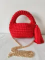 Red handmade crochet handbag detail, gold chain strap and tassel charm close-up view. - 19*21*12 / Red(7)