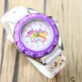 Kids quartz watch with white silicone strap purple bezel and cute unicorn dial for girls. - Type A-Purple