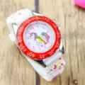 Cute kids quartz watch with colorful unicorn dial and comfortable white silicone strap design. - Style B - Red
