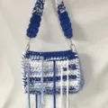 Handmade crochet tassel shoulder bag for women, blue white stripe chunky strap crossbody bag. - Blue Series
