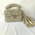 Handmade metallic fabric crochet women shoulder bag with chic chunky handle and tassel. - Gold