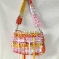 Handcrafted Woven Crochet Shoulder Bag Colorful Tassel Square Bag for Women - Yellow Pink