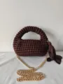 Close-up detail of handmade brown woven crossbody bag with golden chain and tassel. - 19*21*12 / Dark Brown (8)