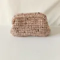 Metallic handmade crochet clutch bag detail, shiny woven fabric purse, elegant evening bag. - Champagne