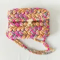 Handmade Woven Crossbody Bag Multicolored Fabric Yarn Crochet Shoulder Bag with Chain Strap - 24*17*5cm / Coffee Pink