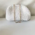 Handcrafted white crochet clutch bag with gold chain elegant shoulder bag for women - White with Chain