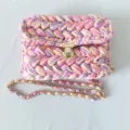 Handmade crochet crossbody bag, t-shirt yarn woven shoulder handbag with gold hardware. - 24*17*5cm / Pink Purple