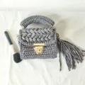 Handcrafted metallic crochet shoulder bag with top handle, stylish small square bag for women. - Silver Gray