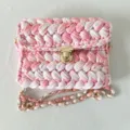 Handmade crochet crossbody bag with pink white gradient fabric yarn and gold chain. - 24*17*5cm / Sakura Pink