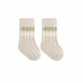 Thickened fleece newborn baby socks in cream apricot with green stripe for winter warmth. - Creamy Apricot