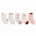 Kids 7A antibacterial combed cotton socks set, cute floral and heart design, soft and comfy. - Pink Heart