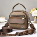 Vintage brown leather shoulder bag women stylish retro camera crossbody bag with wide strap - Khaki