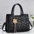 Bolso de mano negro para mujer bolso de hombro shopper con patrón numérico y abalorio flor - Negro